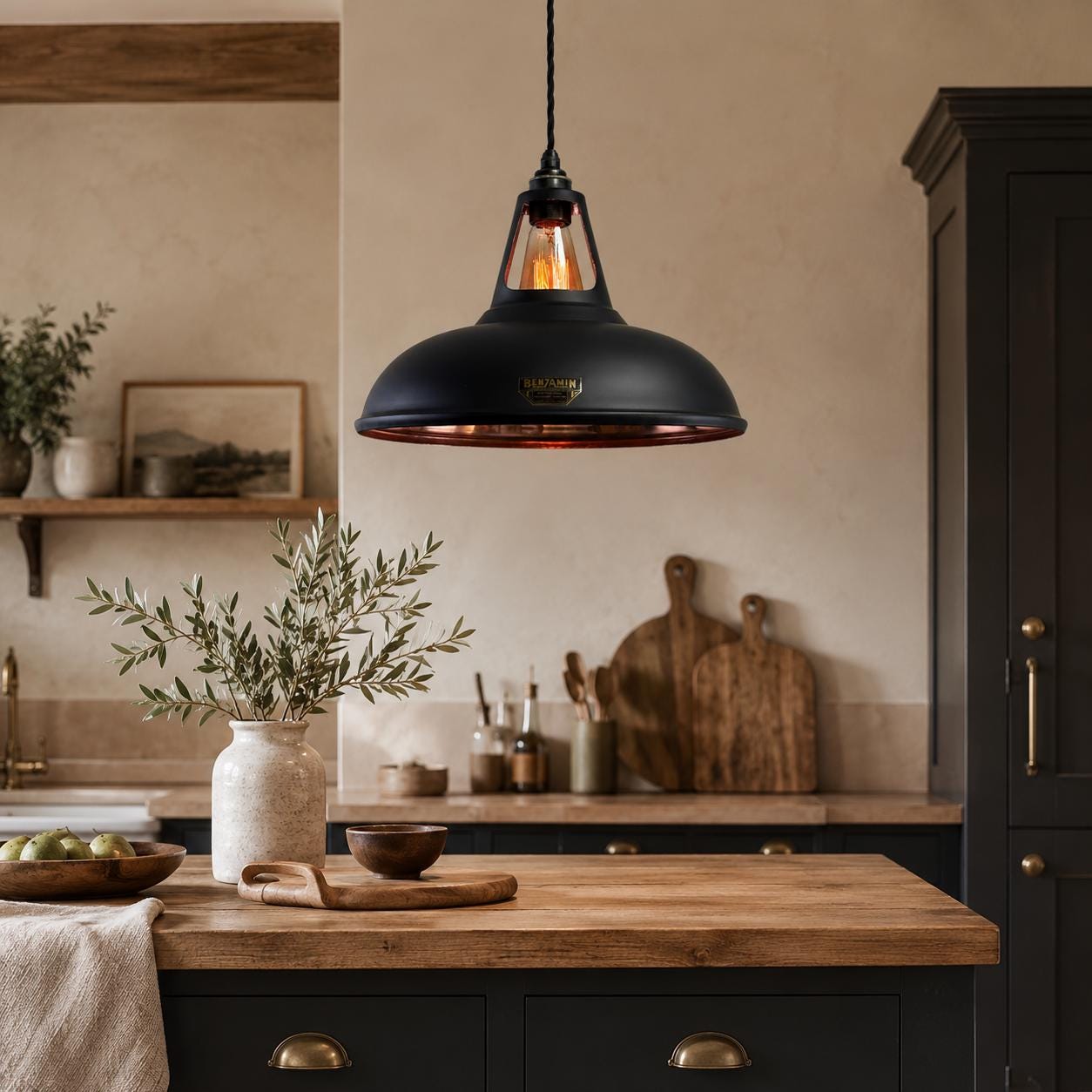 Cawston XL Matt Black & Polished Copper Lampshade Pendant Light - 14 Inch