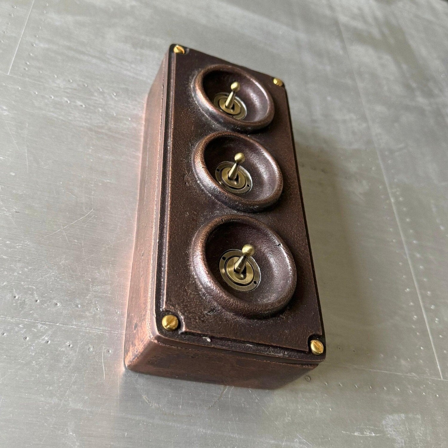 3 Gang Solid Cast Antique Copper Metal Conduit Light Switch Industrial 2 Way - BS EN Approved Vintage Crabtree 1950’s Style