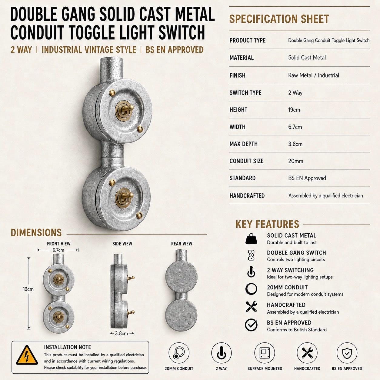 Double Gang Solid Cast Conduit Light Switch | 2 Way Industrial Vintage Style