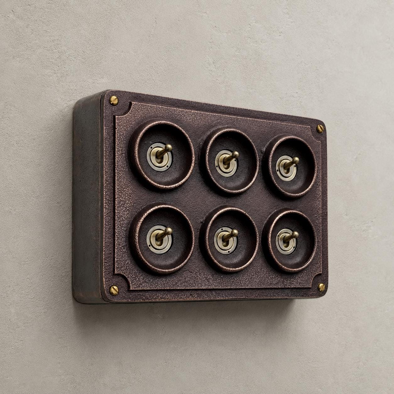 6 Gang 2 Way Antique Copper Conduit Toggle Light Switch | Cast Metal