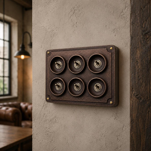 6 Gang 2 Way Antique Copper Conduit Toggle Light Switch | Cast Metal