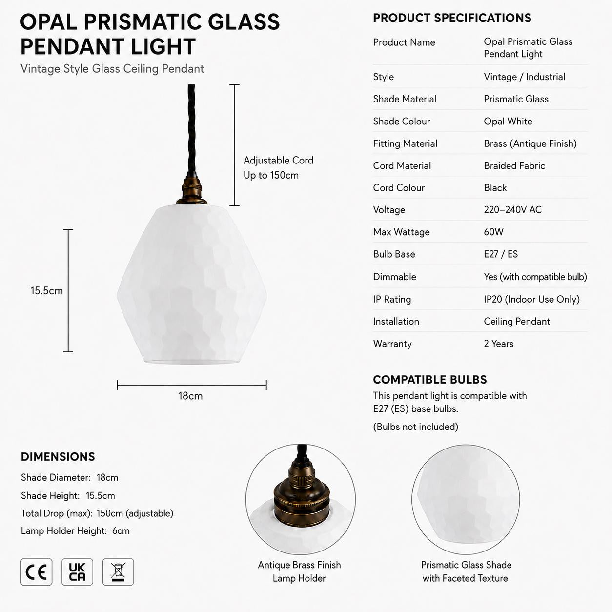 Opal Prismatic Glass Pendant Light