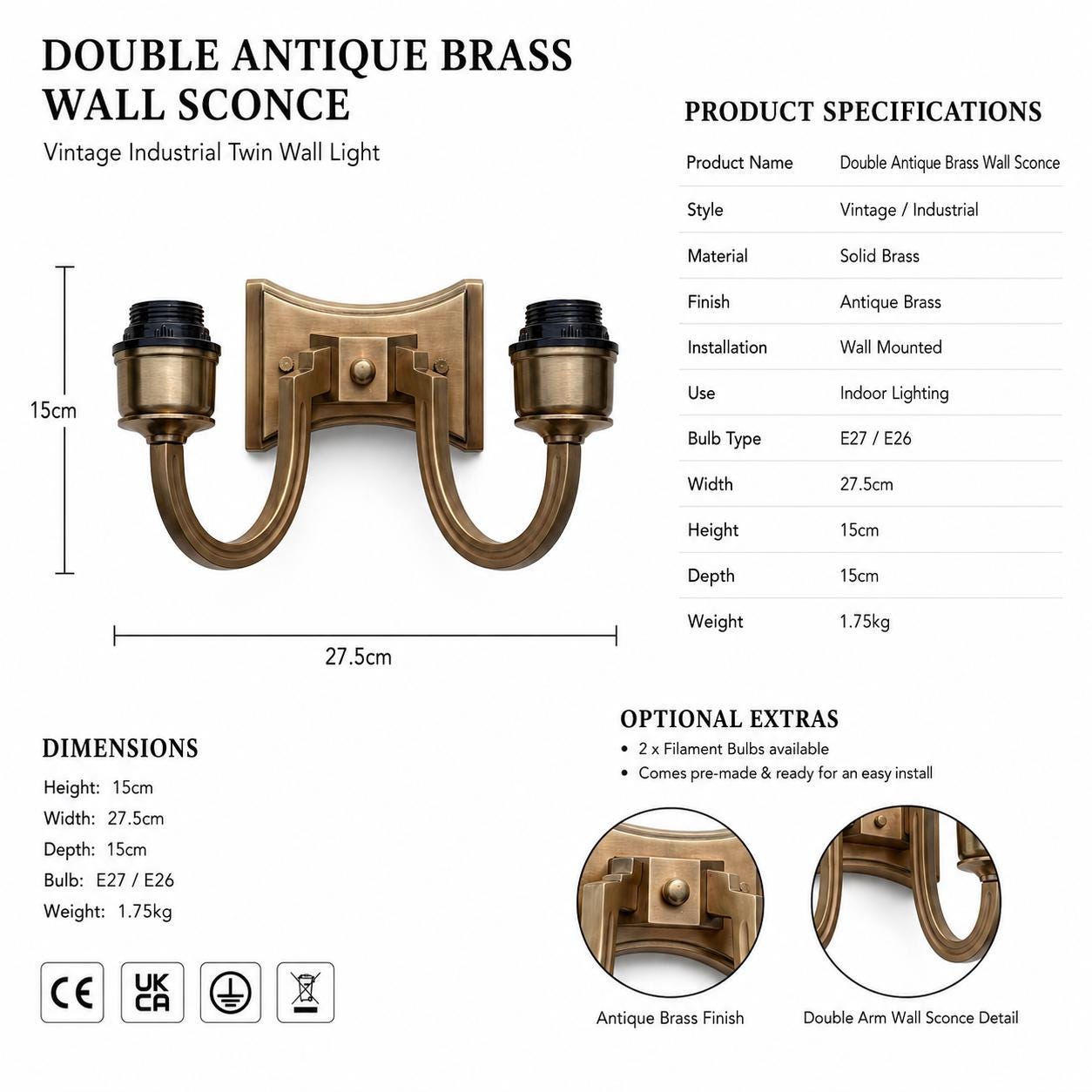 Double Antique Brass Wall Sconce Light | Twin Wall Lamp