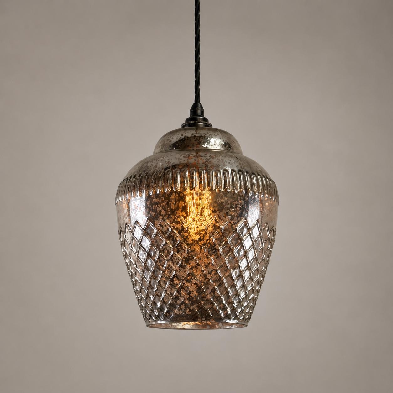 Vintage Mercury Glass Pendant Light | Diamond Cut Glass