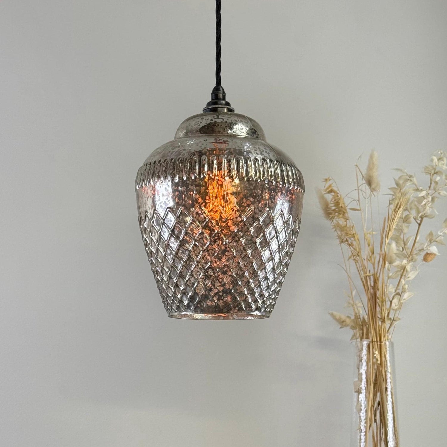 Vintage Mercury Glass Pendant Light Handcrafted Diamond Cut Hanging Lamp