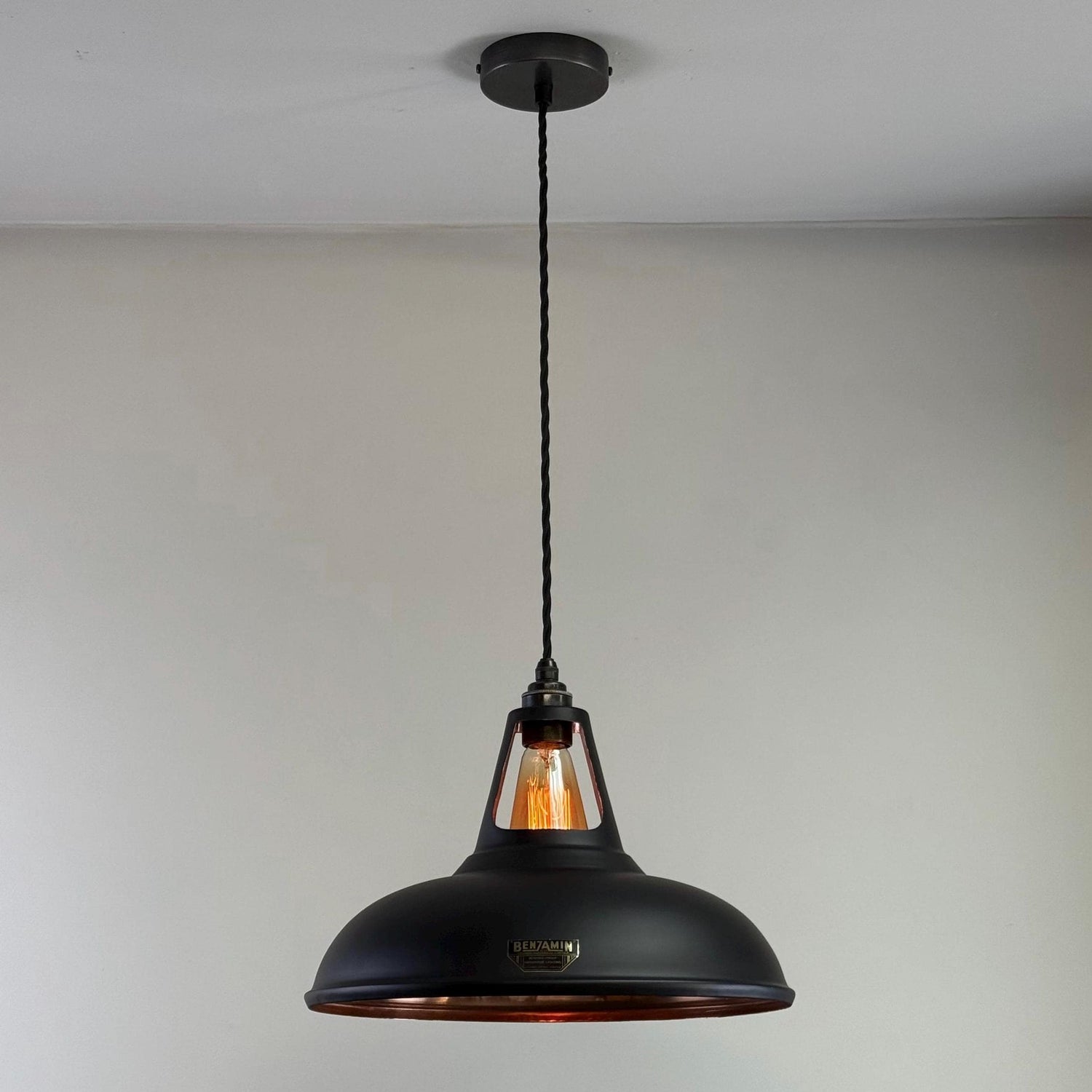 Cawston XL ~ Matt Black & Solid Copper Lampshade Slotted Design Pendant Ceiling Light ~ 14 Inch