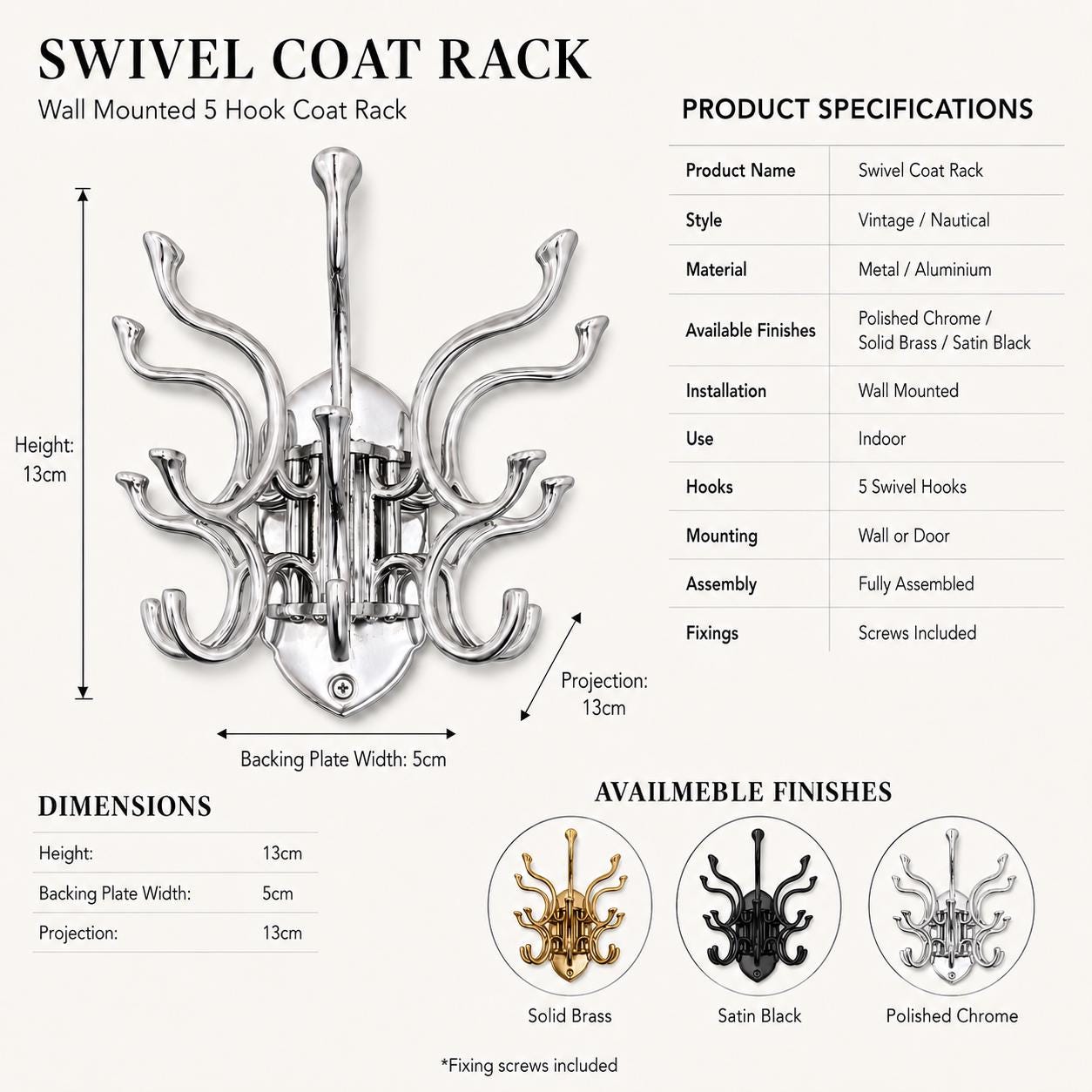 Metal Swivel Coat Rack | 5 Hook Wall Hanger | Solid Brass, Black or Chrome