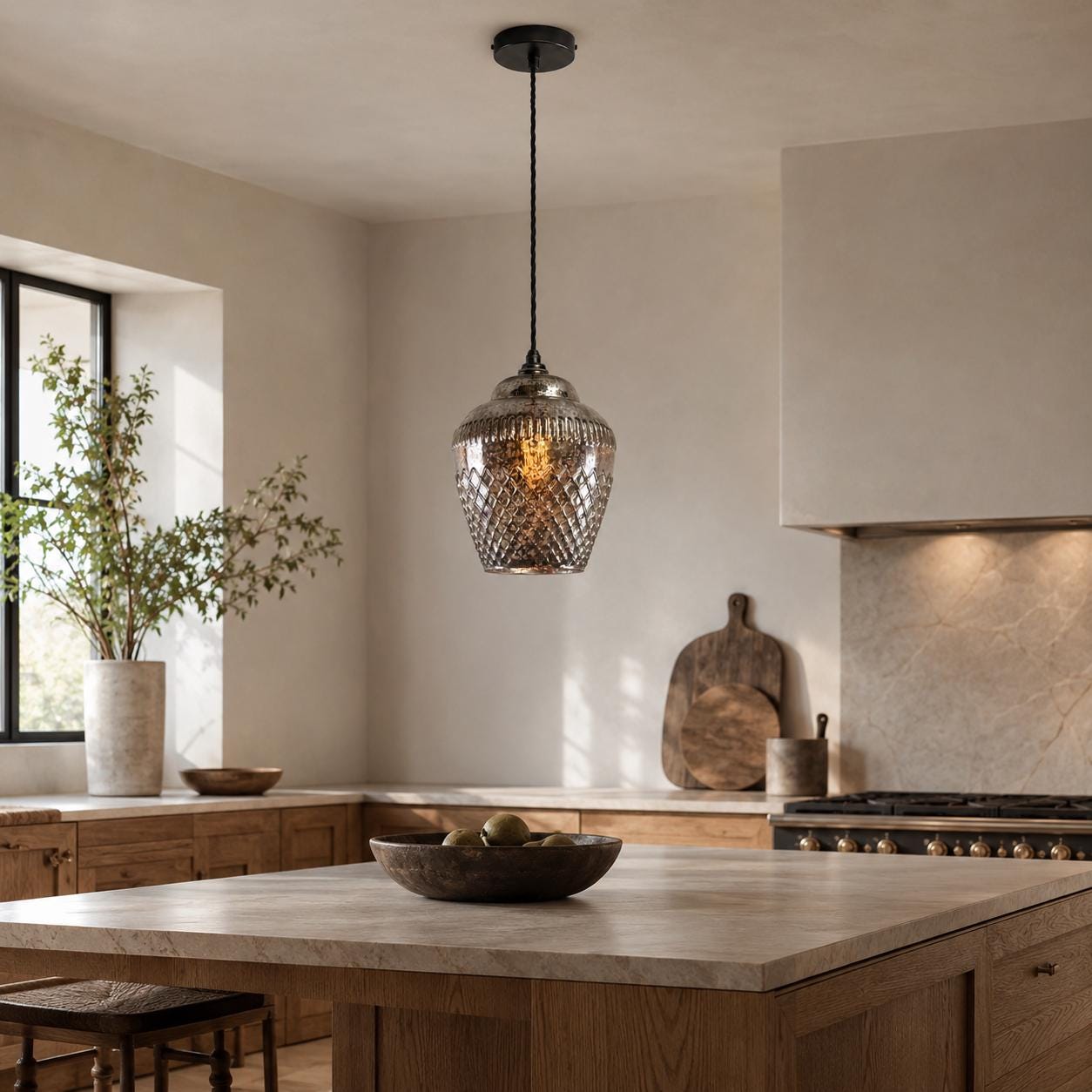 Vintage Mercury Glass Pendant Light | Diamond Cut Glass