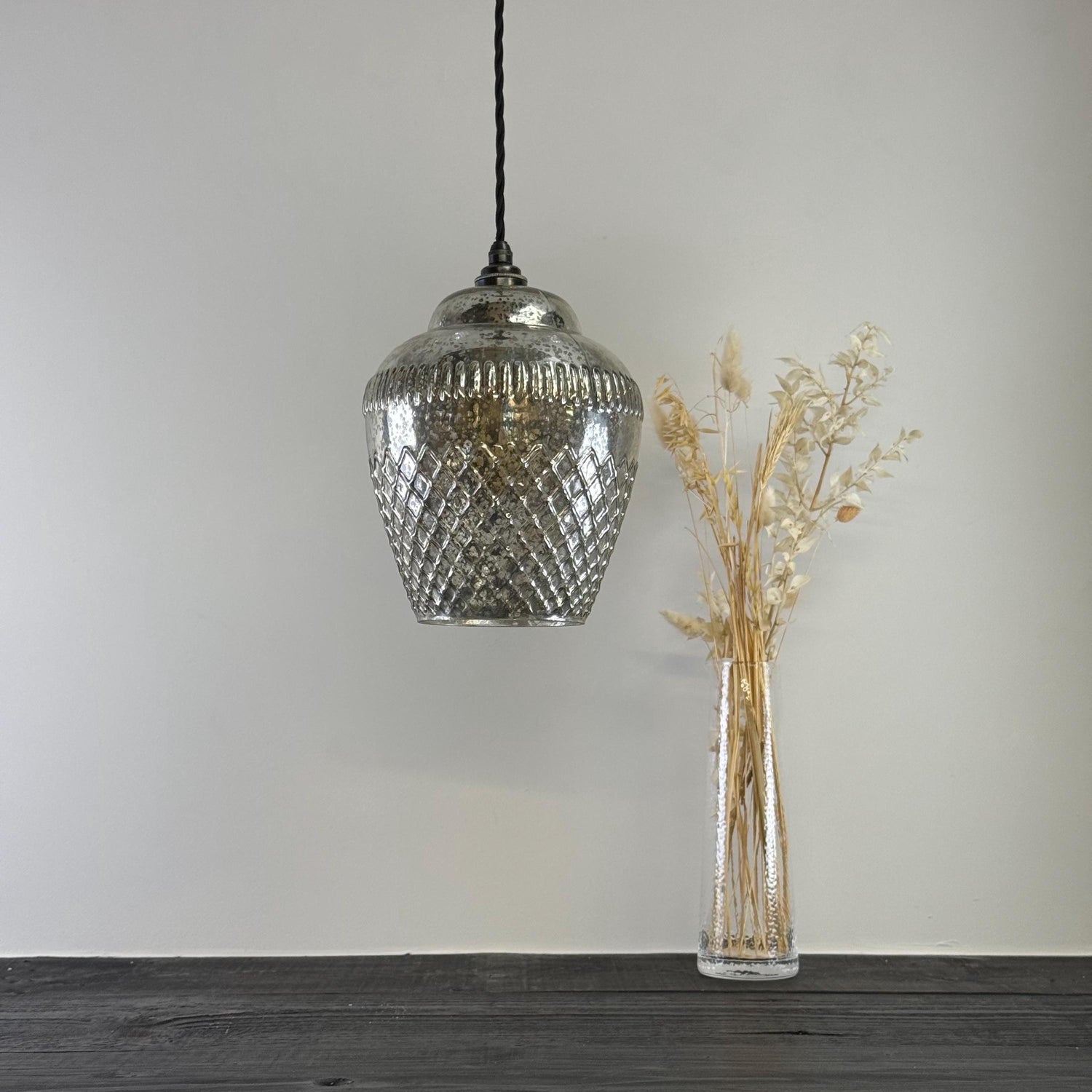 Vintage Mercury Glass Pendant Light Handcrafted Diamond Cut Hanging Lamp