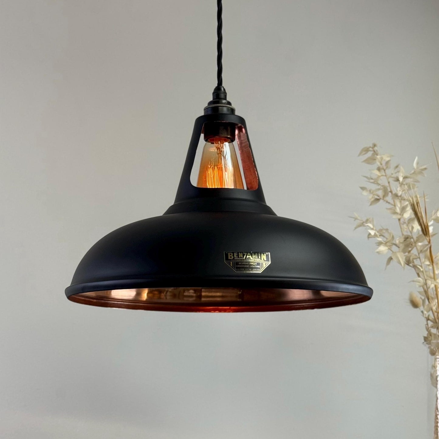 Cawston XL ~ Matt Black & Solid Copper Lampshade Slotted Design Pendant Ceiling Light ~ 14 Inch