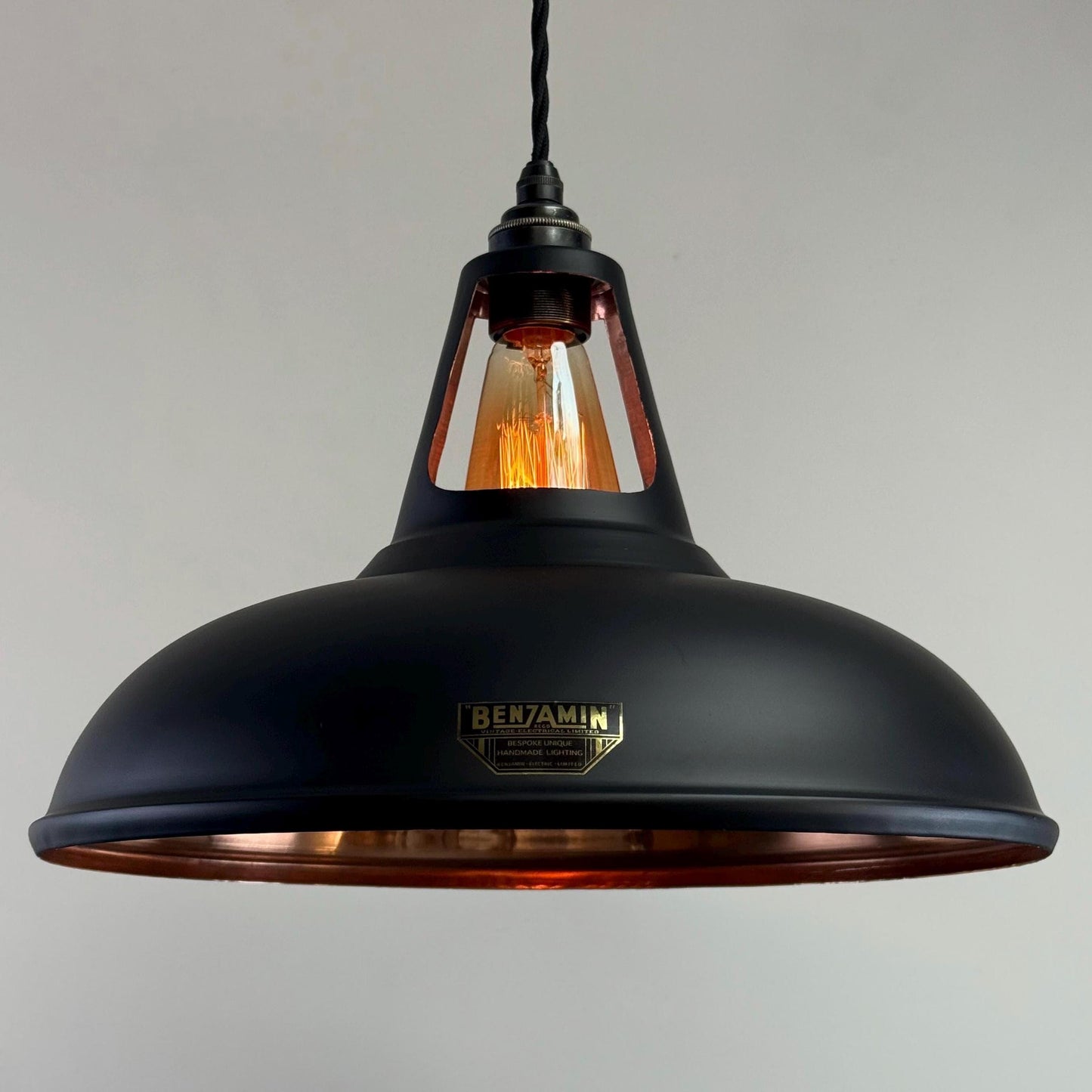 Cawston XL ~ Matt Black & Solid Copper Lampshade Slotted Design Pendant Ceiling Light ~ 14 Inch