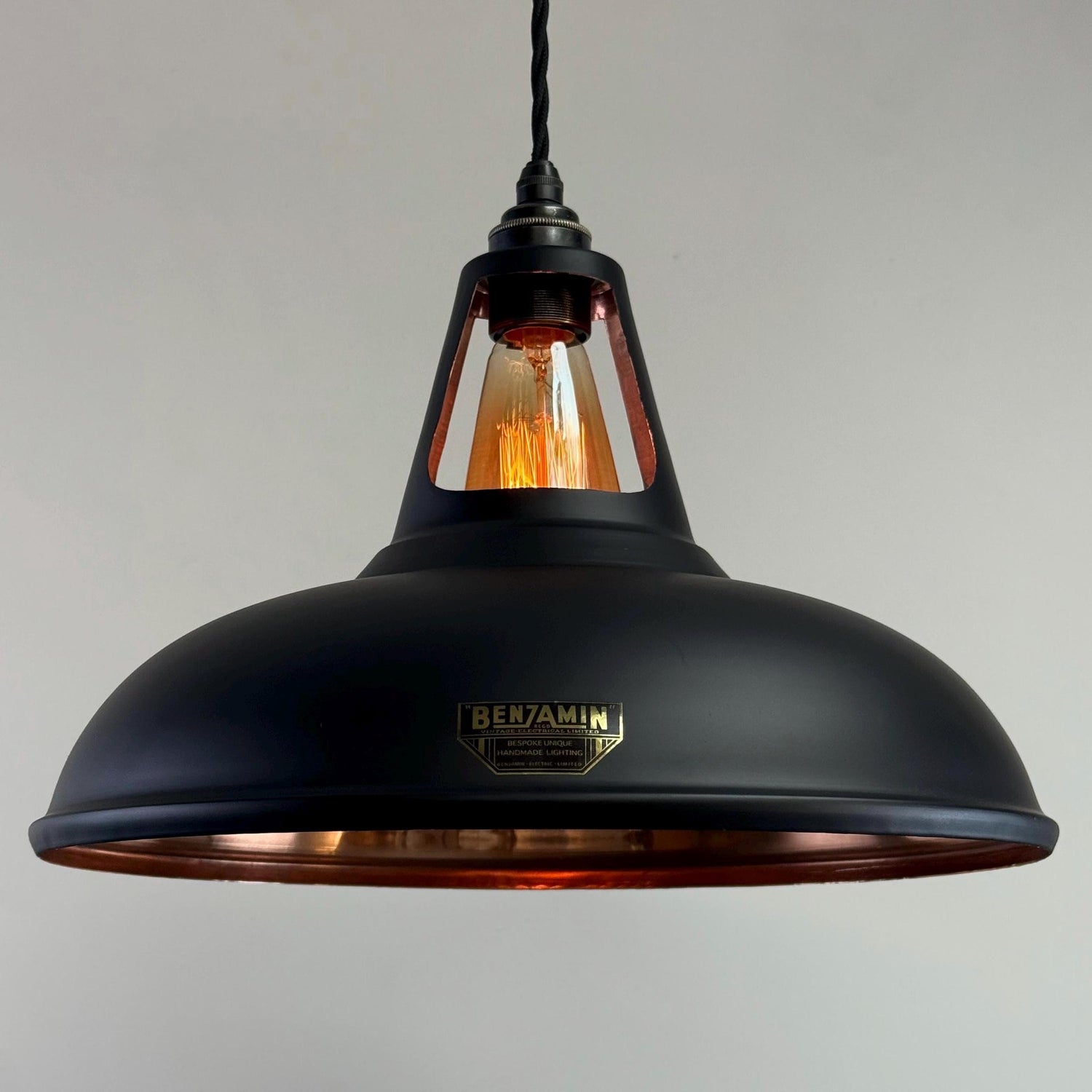 Cawston XL ~ Matt Black & Solid Copper Lampshade Slotted Design Pendant Ceiling Light ~ 14 Inch