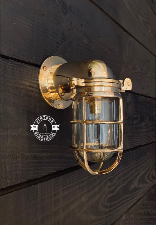 Happisburgh ~ Solid Brass Sconce Swan Neck Industrial Cargo Ship Marine Outdoor Bulkhead Hand Crafted Wall Light Nautical **Factory Second**