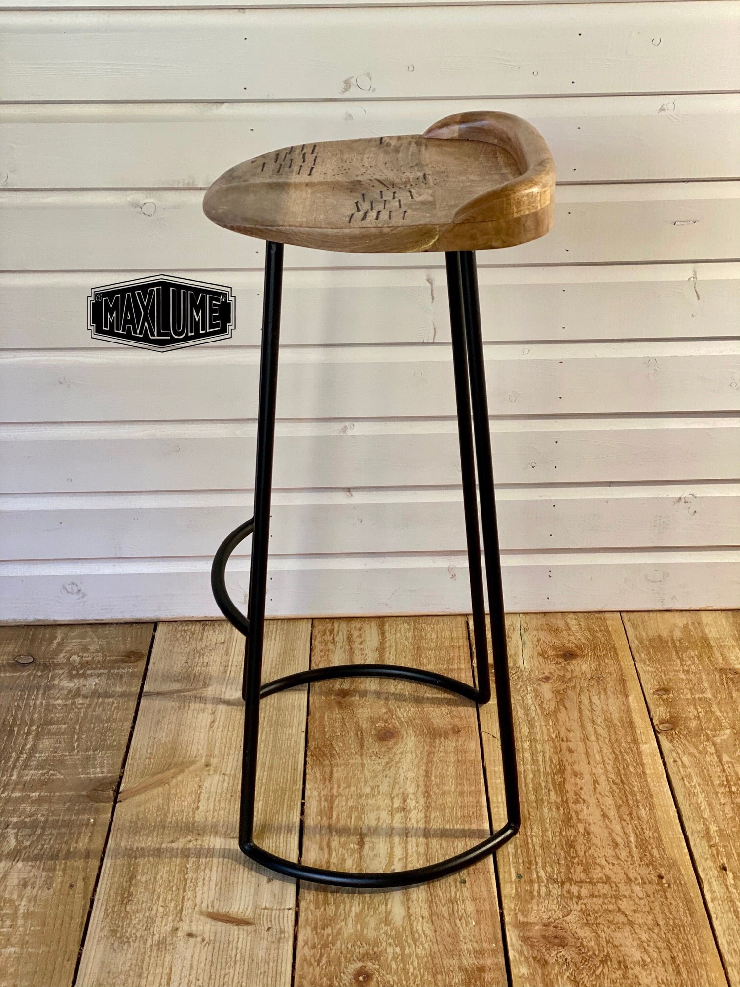 Maxlume ~ Industrial Solid Bar Stool Wood Top | Vintage Style | Solid Cast Metal | Floor Standing