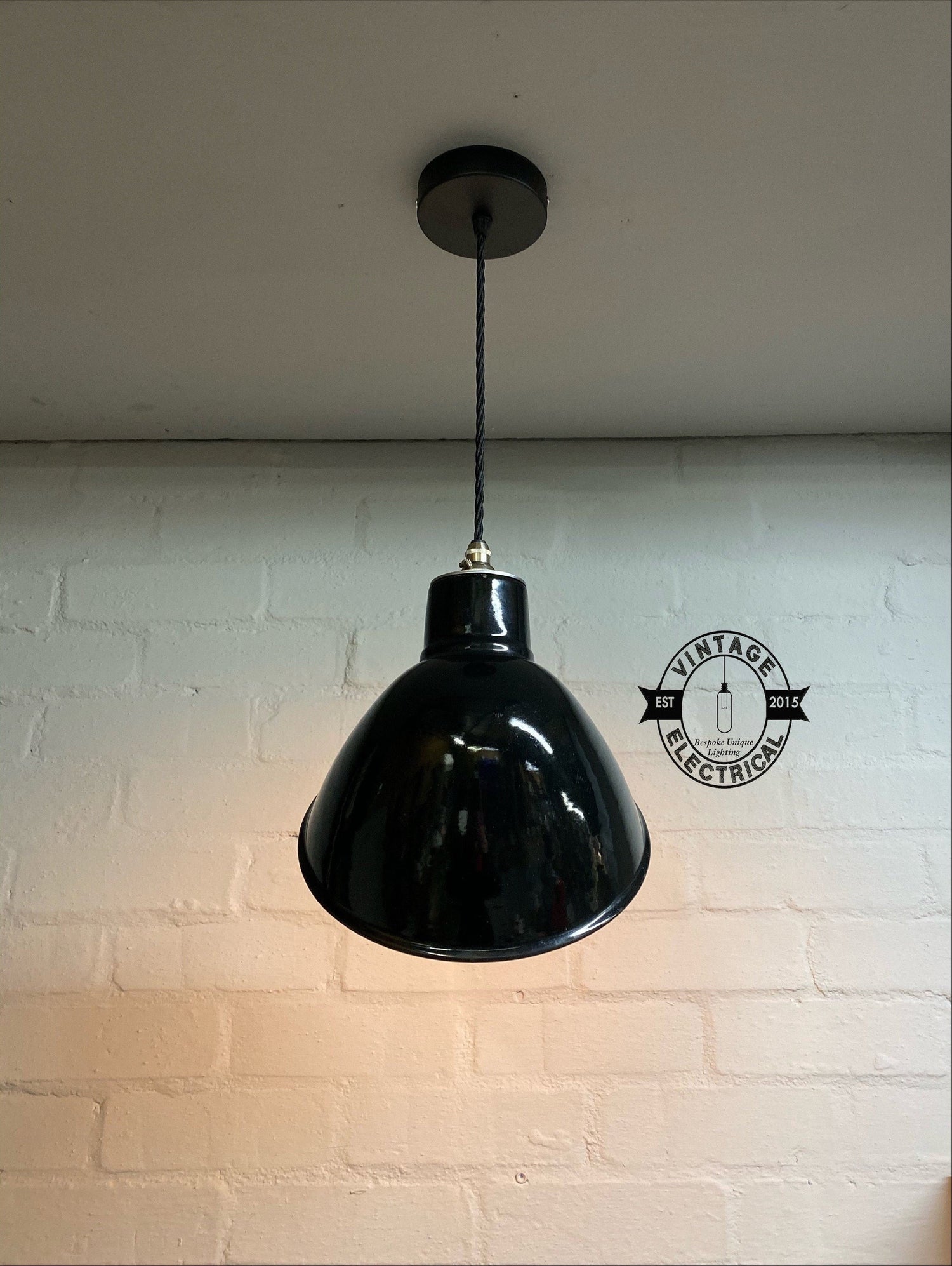 Stratton ~ Midnight Black Parabolic Angled Shade Pendant Set Light | Ceiling Dining Room 1950’s Thorlux Style | Vintage Edison Bulb Lamp