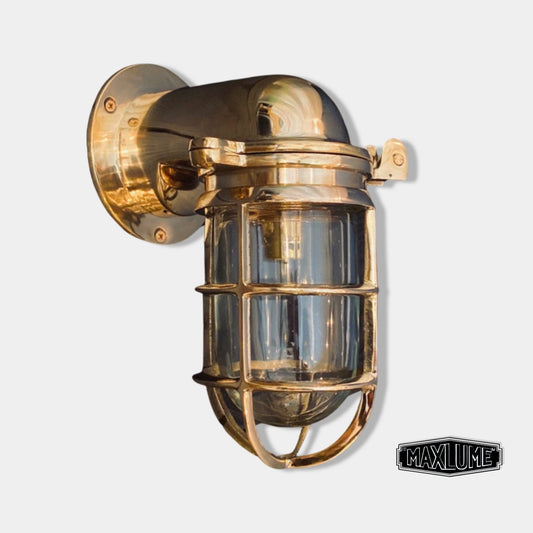 Happisburgh ~ Solid Brass Sconce Swan Neck Industrial Cargo Ship Marine Outdoor Bulkhead Hand Crafted Wall Light Nautical **Factory Second**