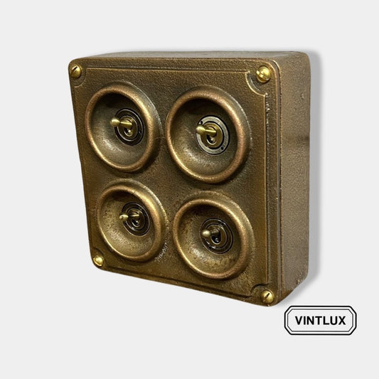 4 Gang 2 Way Solid Antique Brass Bronze Metal Conduit Light Switch Industrial - BS EN Approved Vintage Crabtree 1950’s Style