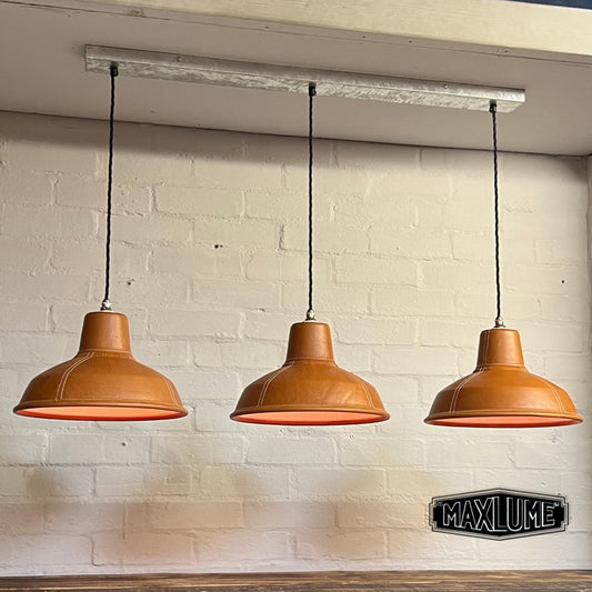 Filby ~ 3 x Tan Leather Shade RLM 1921 Design Pendant Set Galvanised Track Light | Dining Room | Kitchen Table | Vintage