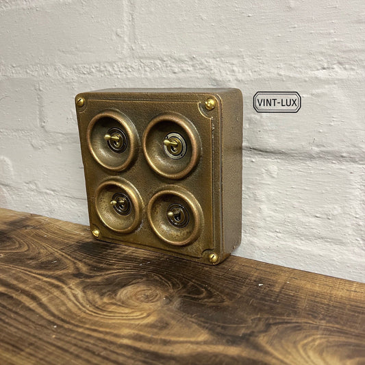 4 Gang 2 Way Solid Antique Brass Bronze Metal Conduit Light Switch Industrial - BS EN Approved Vintage Crabtree 1950’s Style